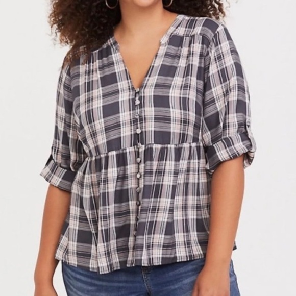 Torrid Plaid Button-Front Crop Babydoll Blouse in Grey Pink Size 2X - Picture 1 of 9